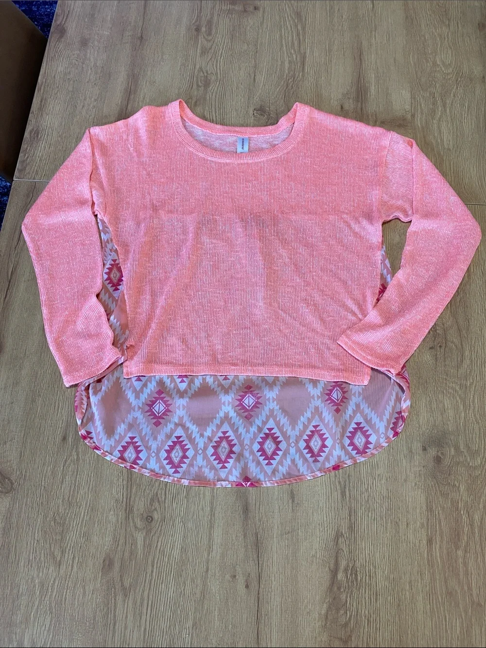 No Boundaries Coral Pullover Long Sleeve Top with Aztec Chiffon Hem - Picture 1 of 7